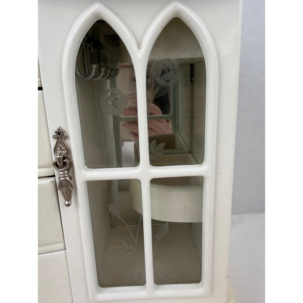 Vintage White Wooden Jewelry Armoire Cathedral Glass Door Tabletop Chest Mirror - Picture 6 of 14
